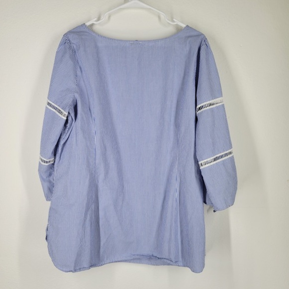 Talbots Plus 1X Blue White Stripe Blouse Top Tie cuffs Boho lace inset - Picture 5 of 8